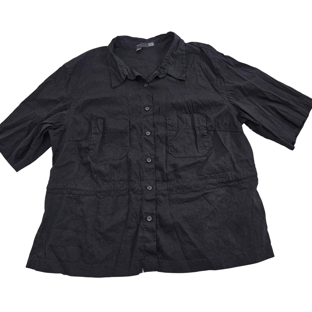 Eileen Fisher Black Linen Blend Drawstring Waist Button Down Top 2X Minimalist